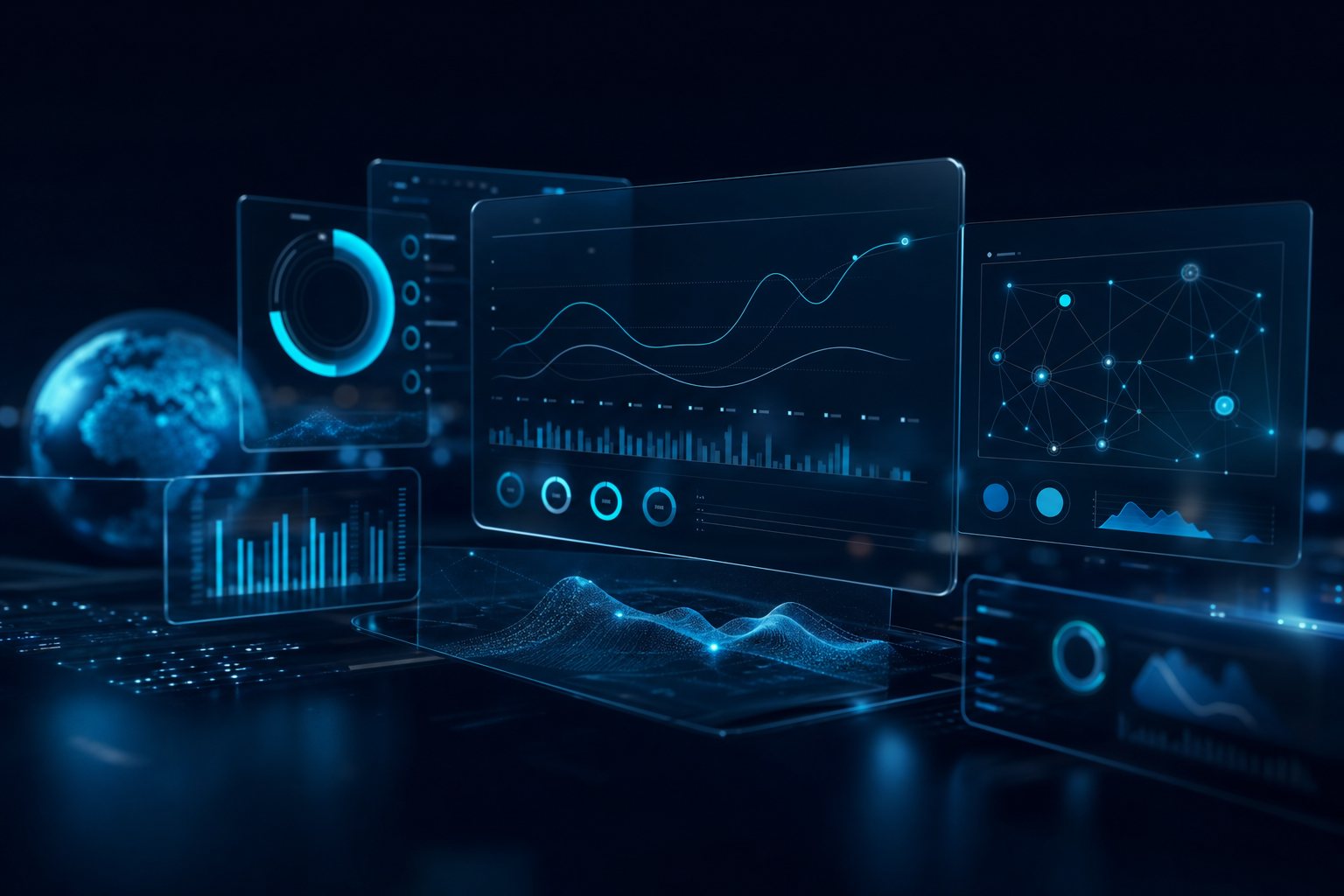 Abstract analytics dashboard with glowing gauges and charts