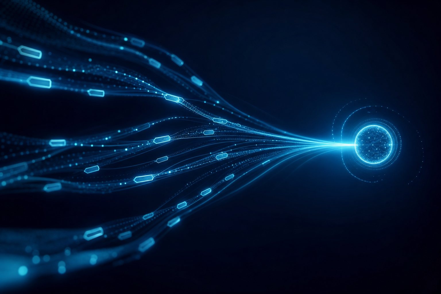 Abstract tagged data threads converging into a single outcome node