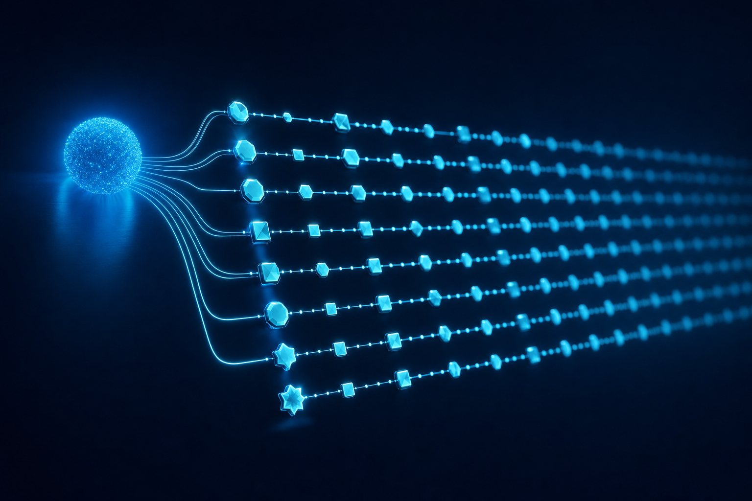 Abstract constellation of connected luminous nodes converging on a core