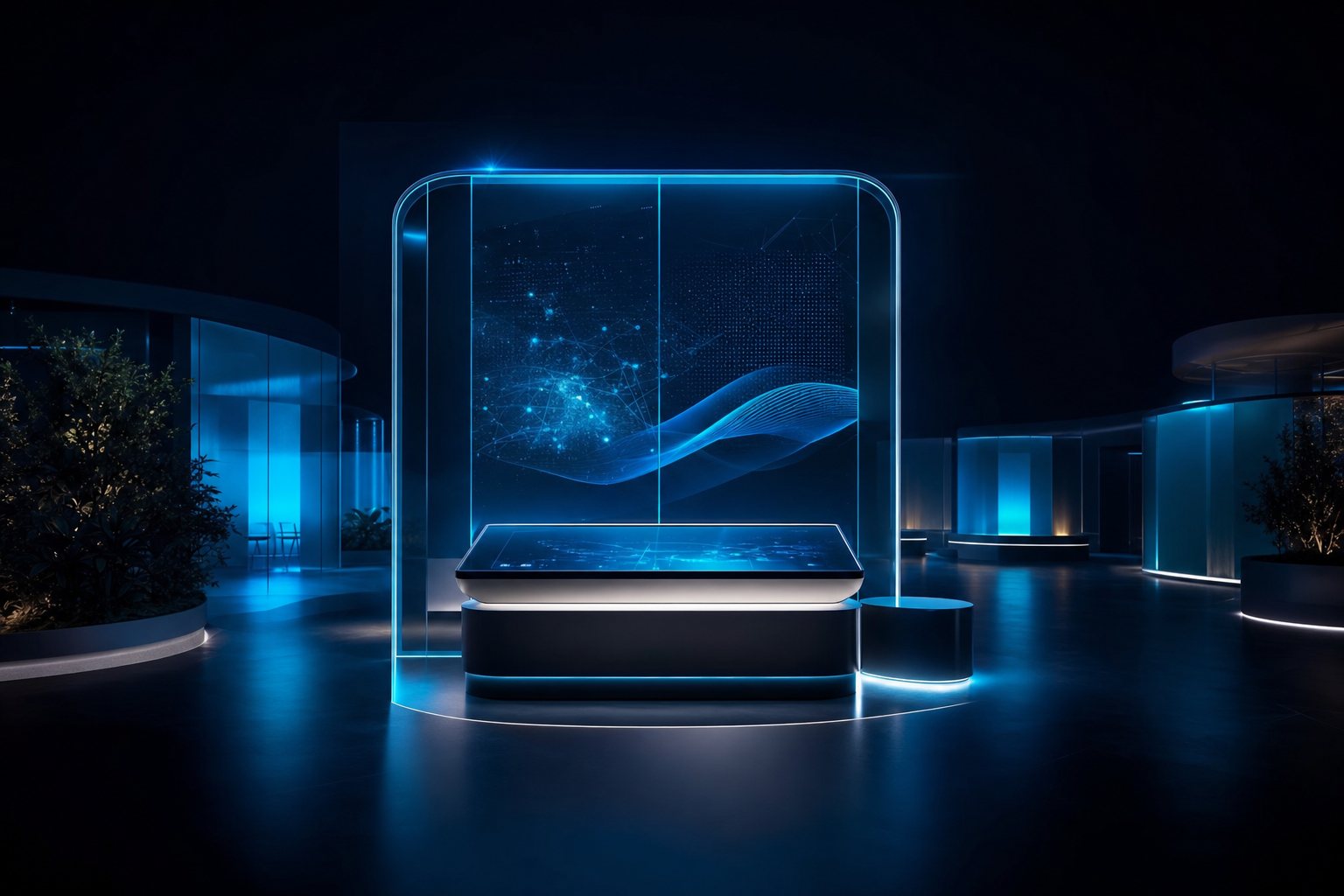 Abstract premium exhibit stand with luminous interactive panels