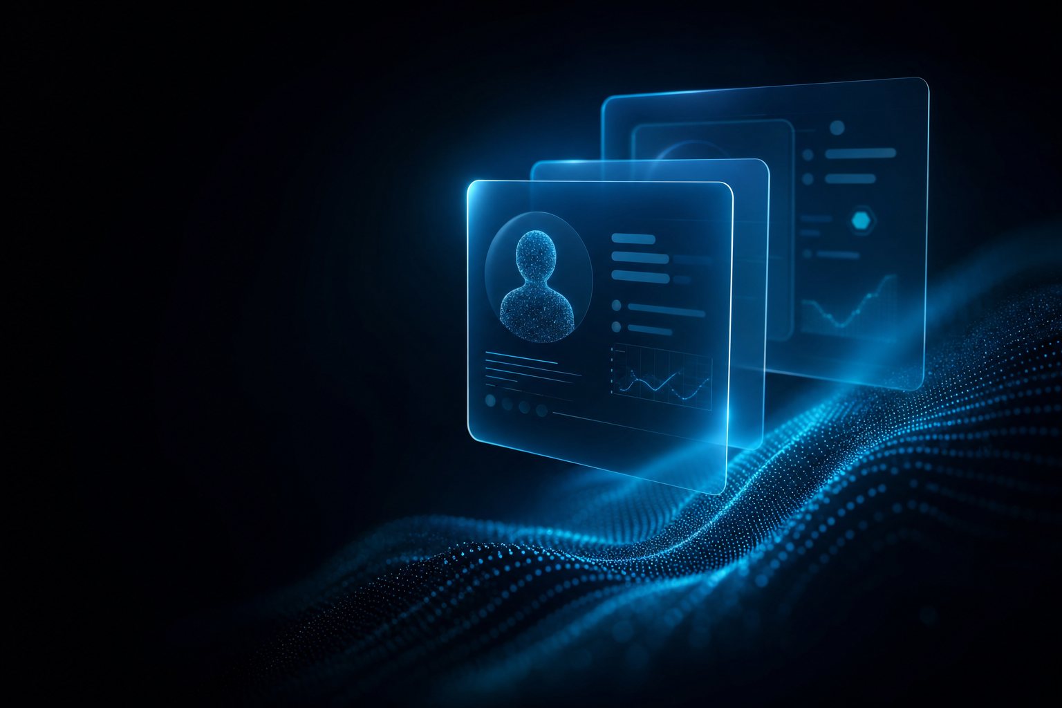 Abstract translucent interface panel with charts and a data profile