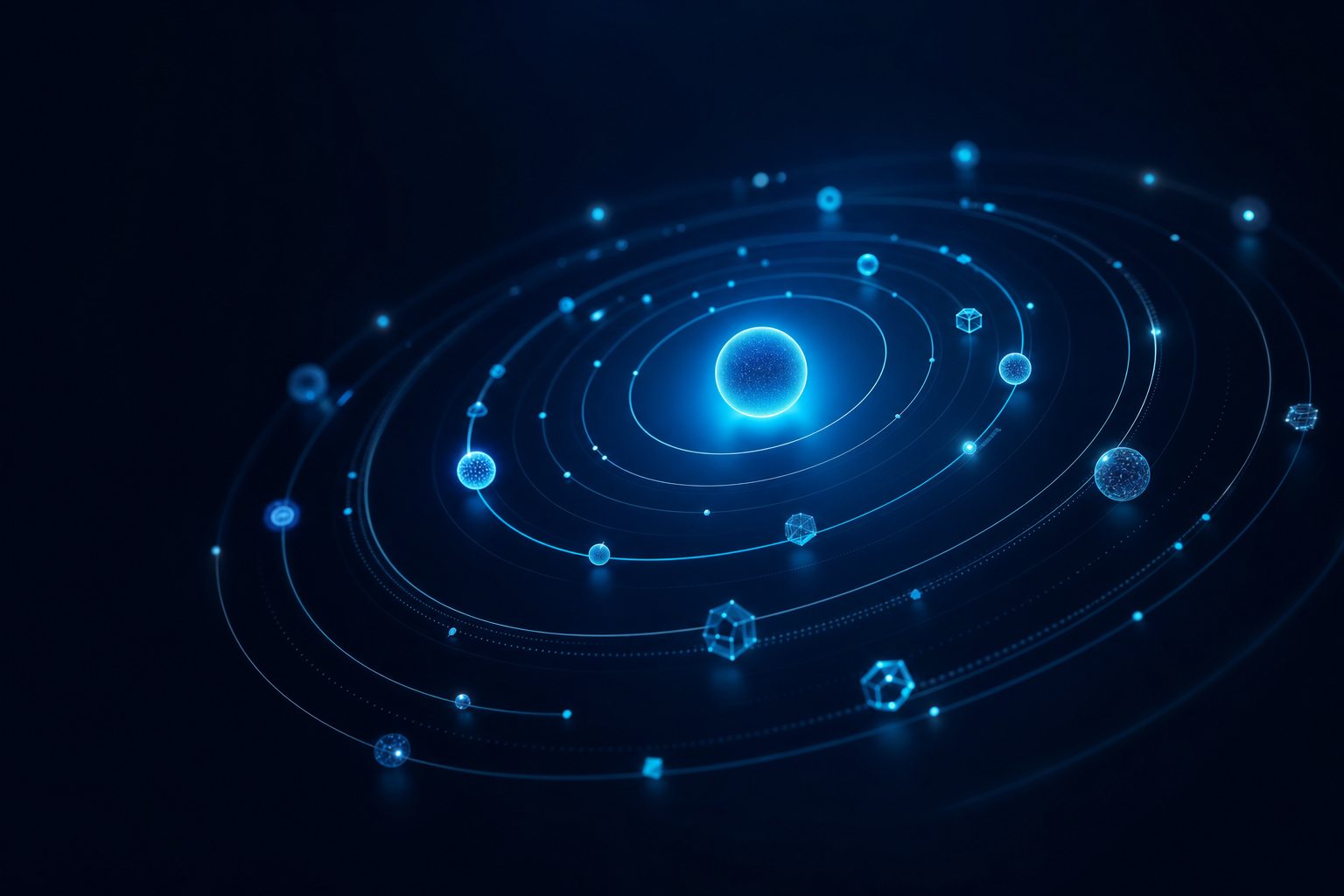 A calm, bright core encircled by orbiting technology nodes