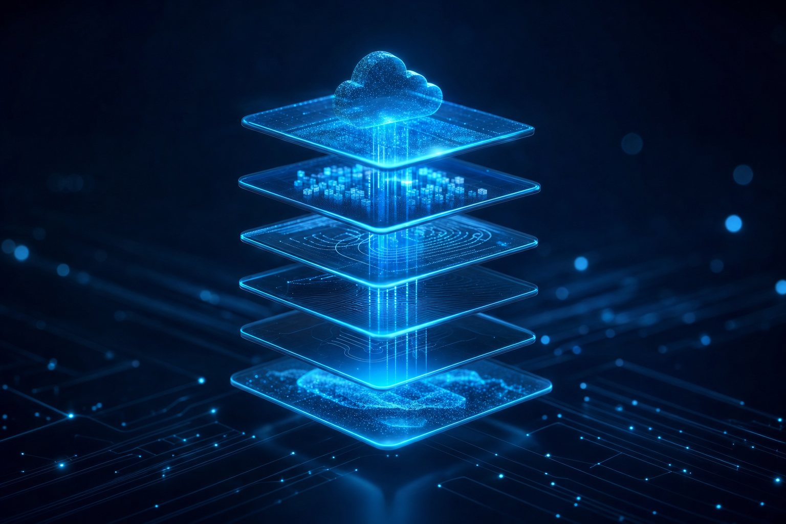 Abstract constellation of connected luminous nodes converging on a core